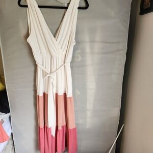 Kaileigh Cream, Peach & Pink Tiered V-Neck Maxi Dress